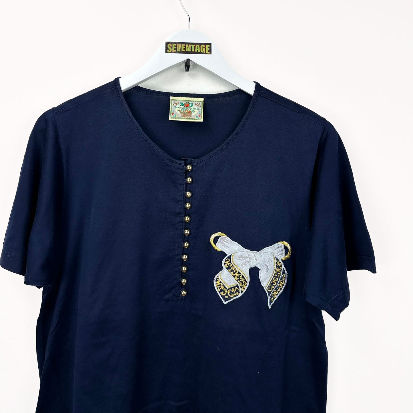 T-shirt blu ricamo vintage donna - L