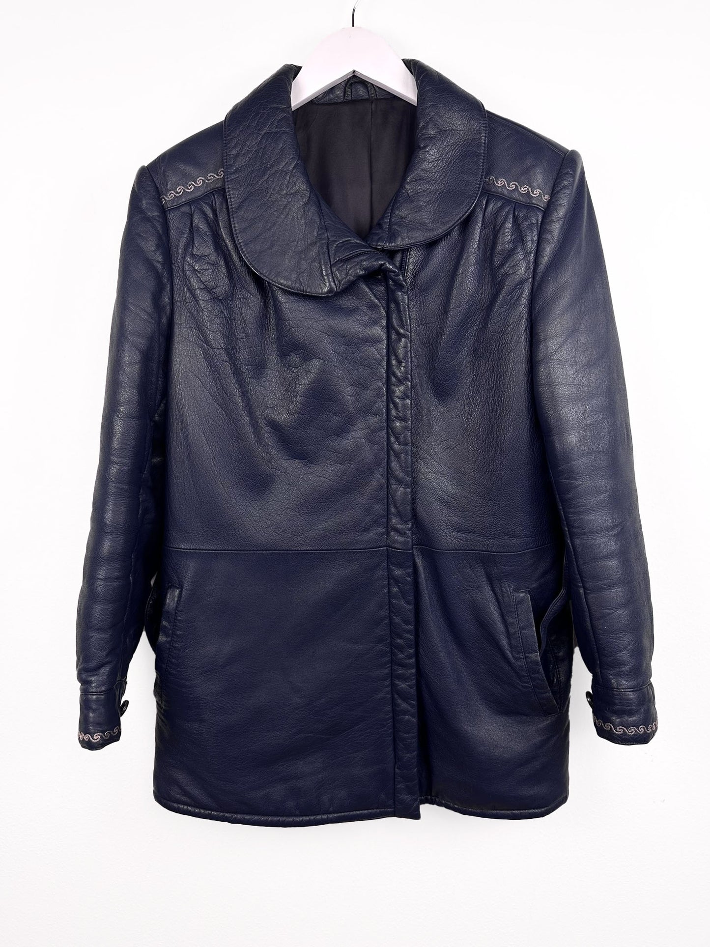 Giacca in pelle blu con ricami donna (25g144) - 46