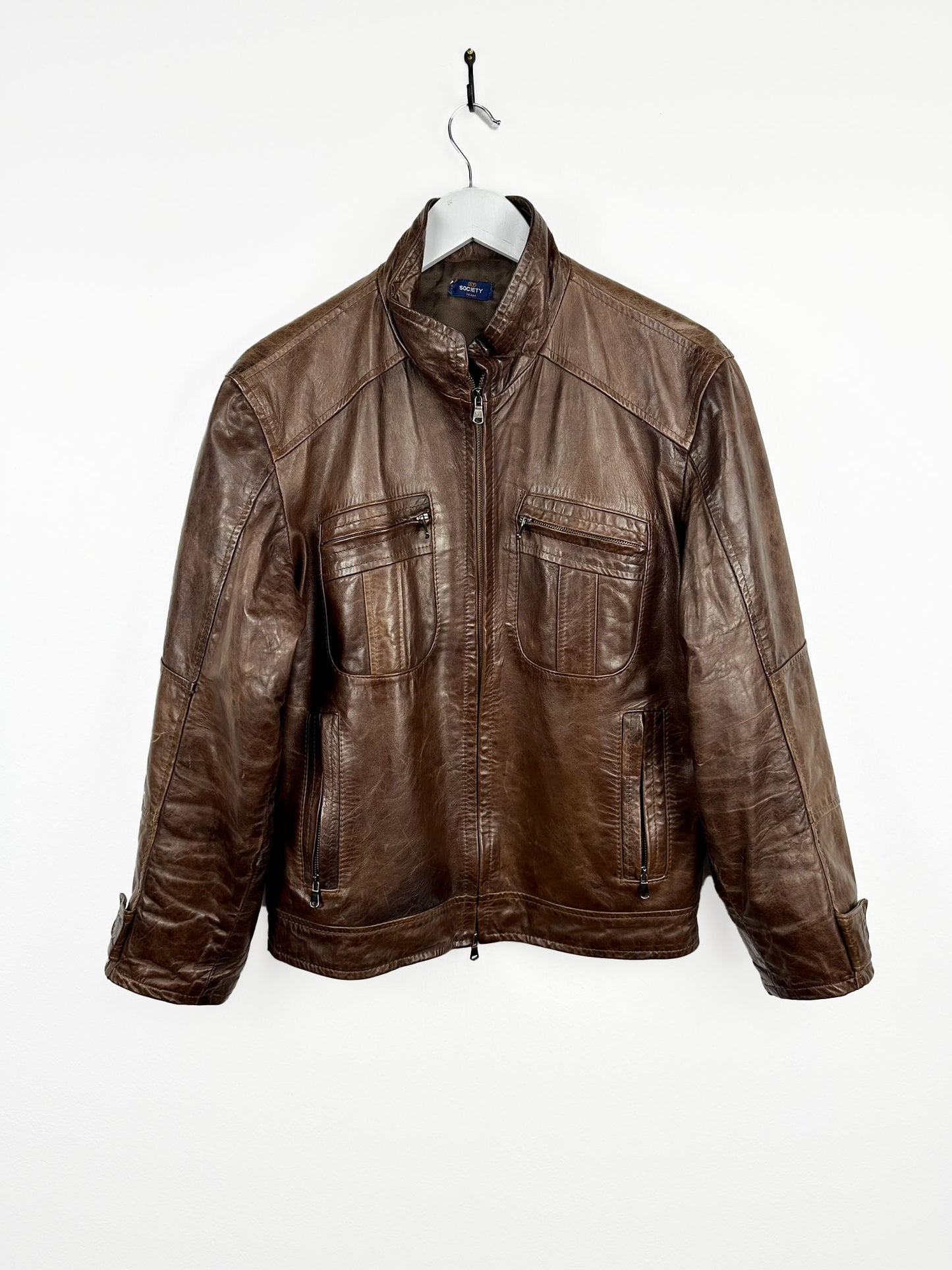 Giacca in pelle marrone biker (25g80) - M