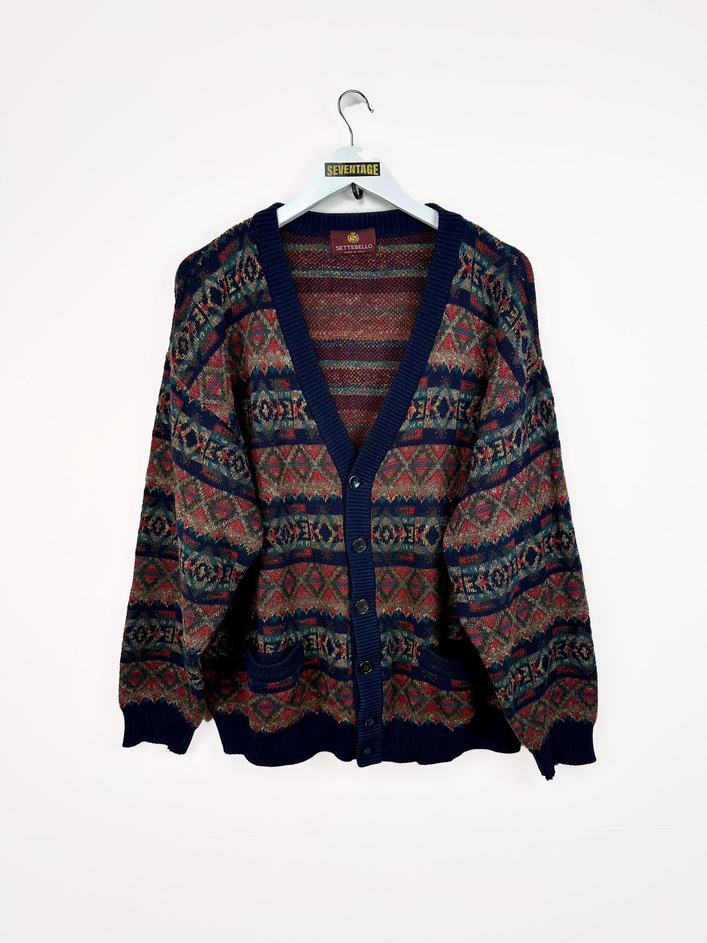 Cardigan blu multi in lana 90s - M