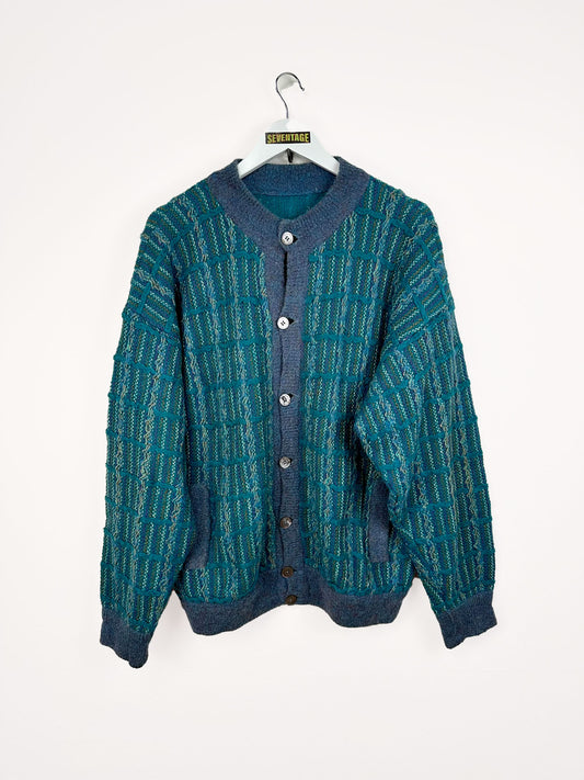 Maglione verde blu in lana handmade - L