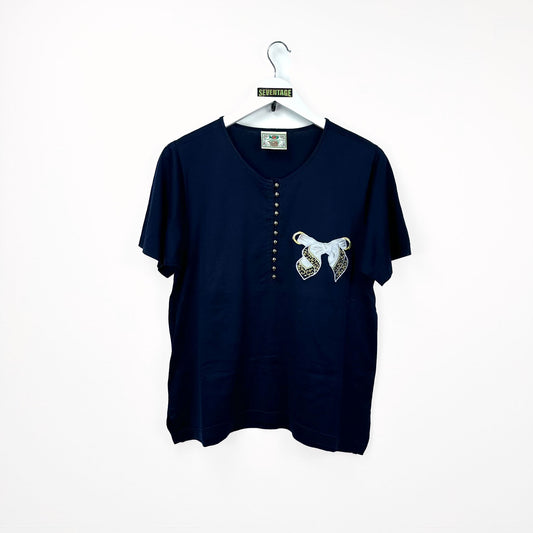 T-shirt blu  ricamo vintage donna - L