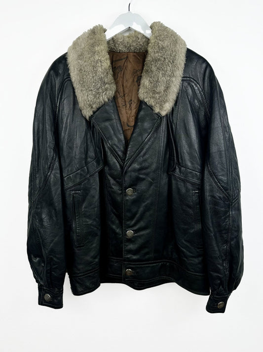Bomber nero in pelle con pelo (25g140) - XL