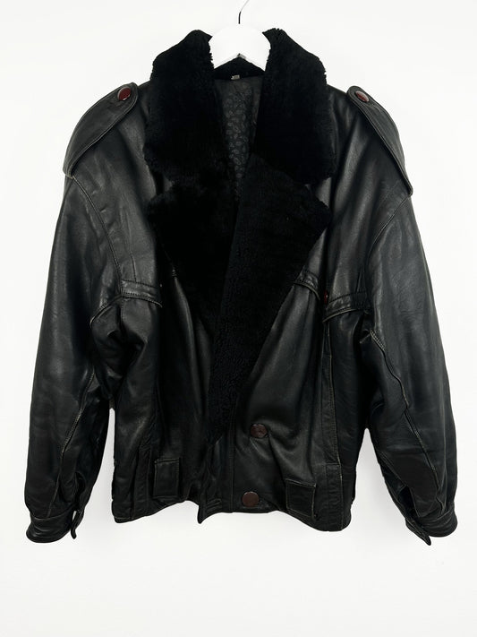 Bomber nero in pelle bottoni (25g141) - M