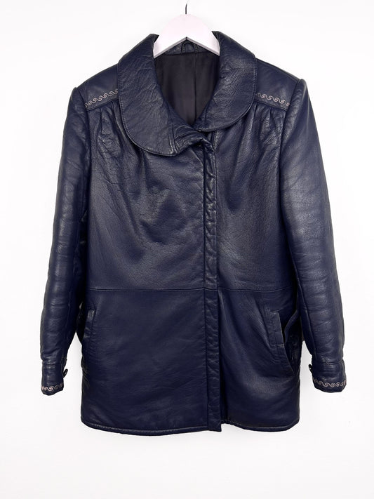 Giacca in pelle blu con ricami donna (25g144) - 46